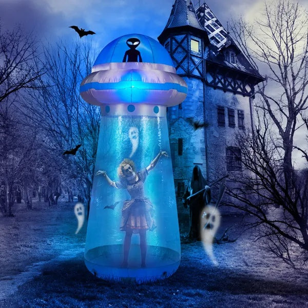 8.8 FT Halloween Inflatable UFO Yard Decoration, Fun Tall Blow Up Yard Decor With Built-in LED Lights And Stand Inside Design
