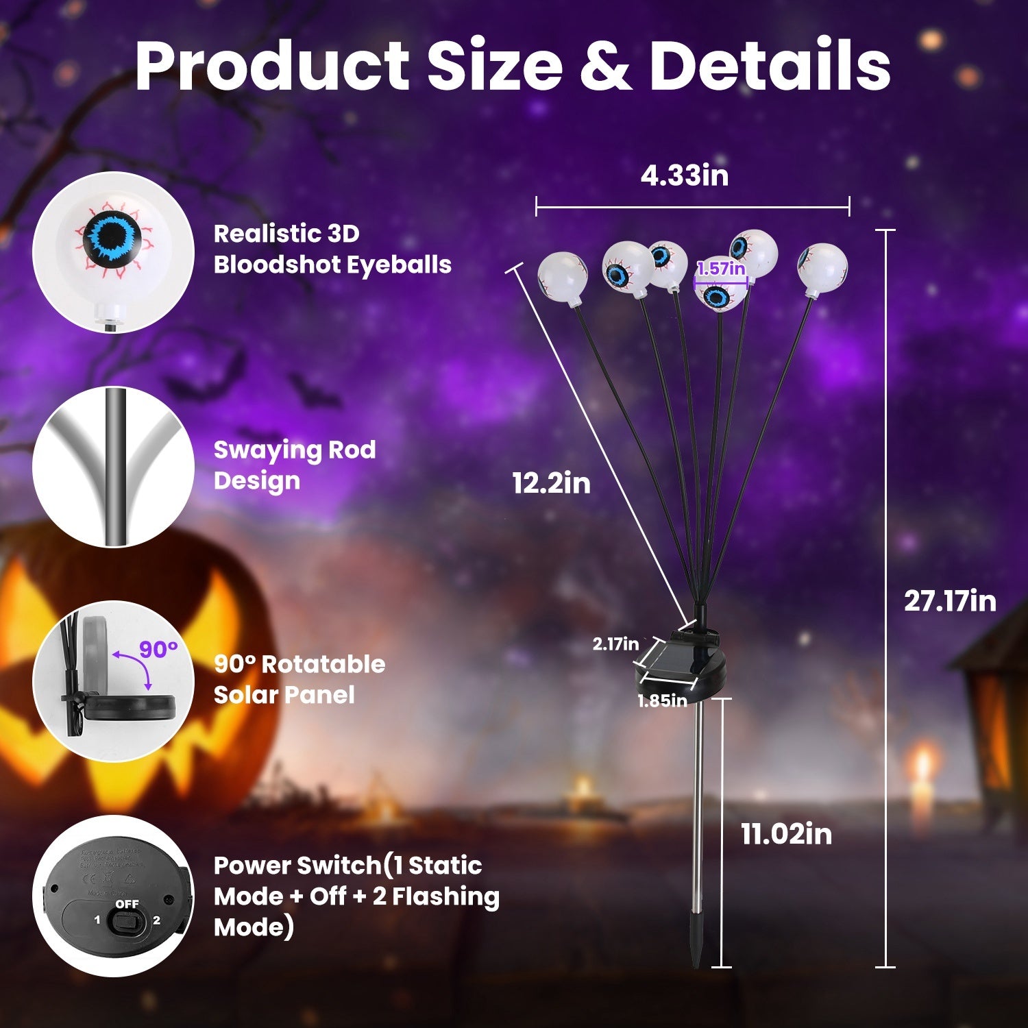 2Pcs Purple Light OR 2Pcs Green Light Solar Scary Eyeballs Lights