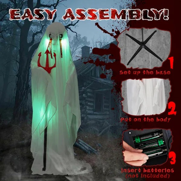 4.3ft Halloween Decorations Outdoor Life Size Animatronics Ghost With Trident, Sound-Actived Party Decor With Green Lights And Creepy Sound, Scary Haunted House Props