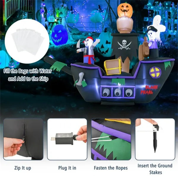 7 Foot Inflatable Halloween Pirate Boat With LED Light Blower