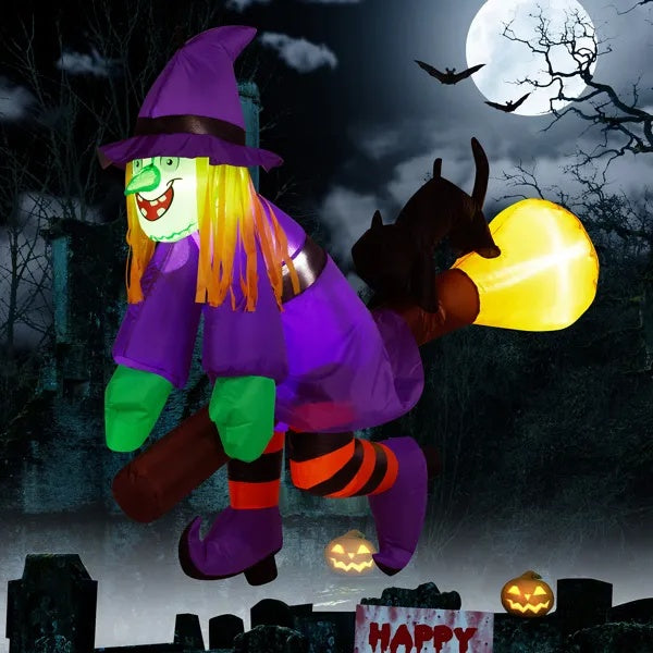3.9 FT Halloween Inflatable Witch Riding Broom Broke Out From Window Outdoor Decorations, Scary Blow Up Decor With Built-in LED Lights