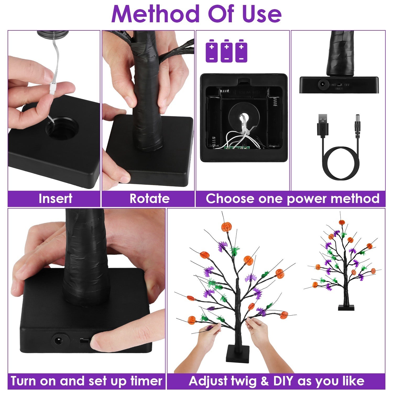 2Pack 1.97FT Lighted Halloween Trees Halloween Indoor Decorations Black Halloween Tree Lights With Timer Adjustable Twigs For Tabletop Party