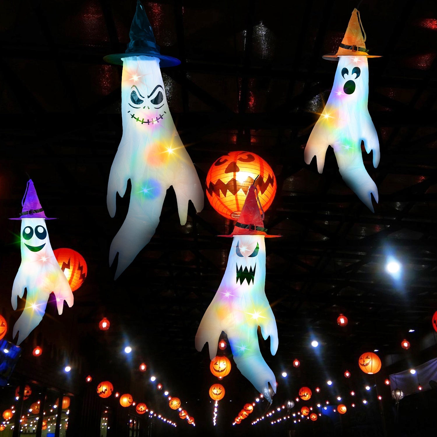 4Pcs Per Set Halloween Ghosts With Witch Hats Windsocks Hanging Decoration With Colorful LED Light