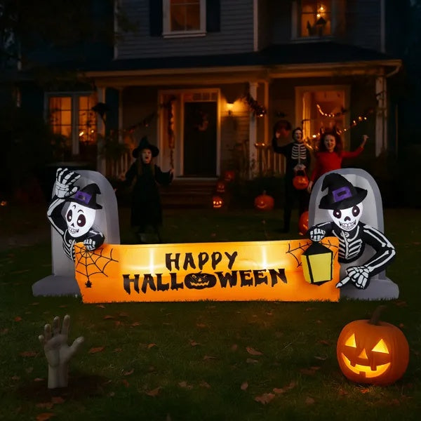 9.6FT Large Halloween Inflatable Decorations Skeleton Tombstone Banner, Outdoor Decorations Blow Up Yard Decor With Built-in LEDs