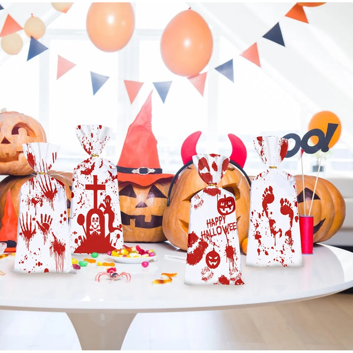 50Pcs Halloween Cellophane Candy Bags With Twist Ties Horrific Bloody Treat Bags 4 Pattern