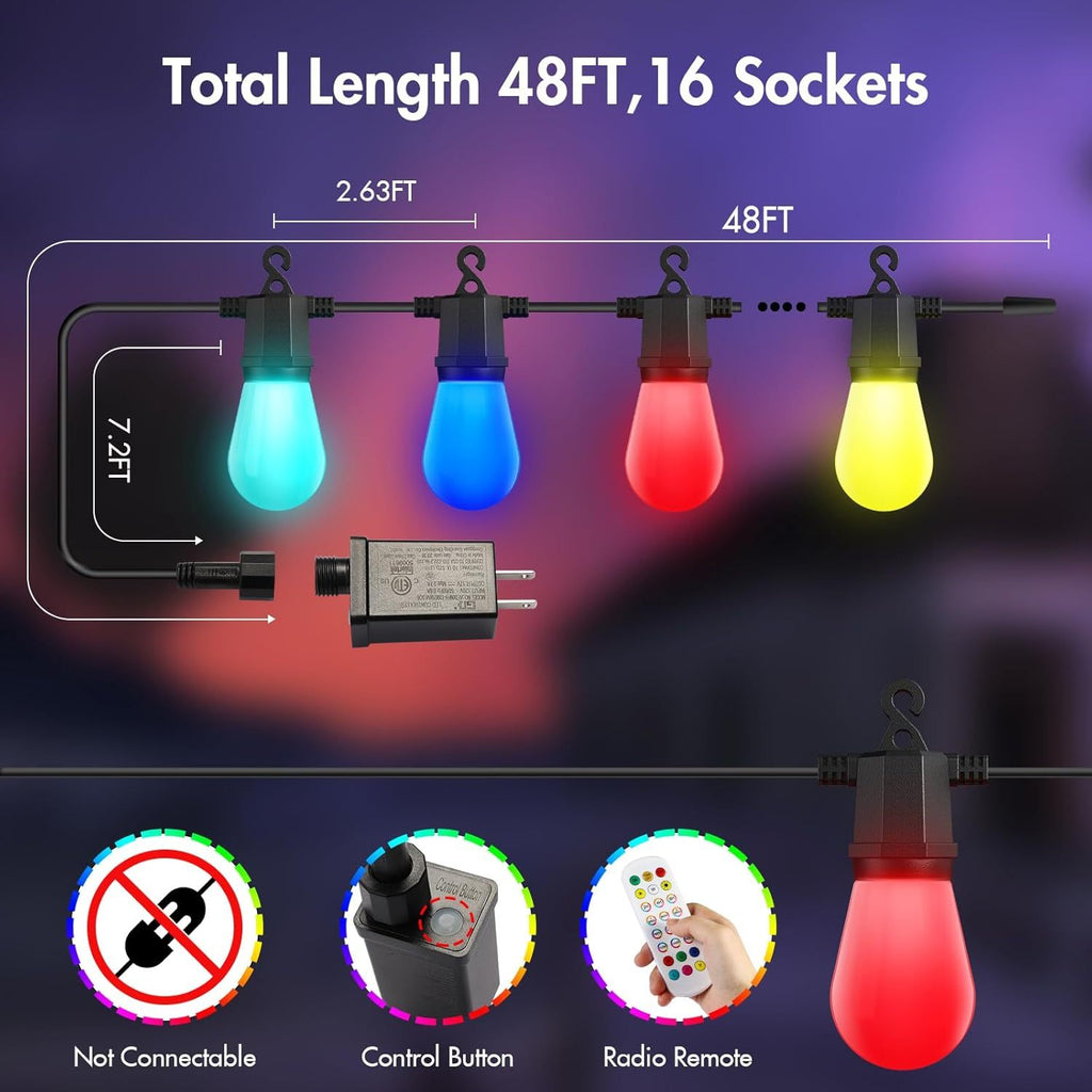 48FT Color Changing Outdoor String Lights , Dimmable String Lights For Outside
