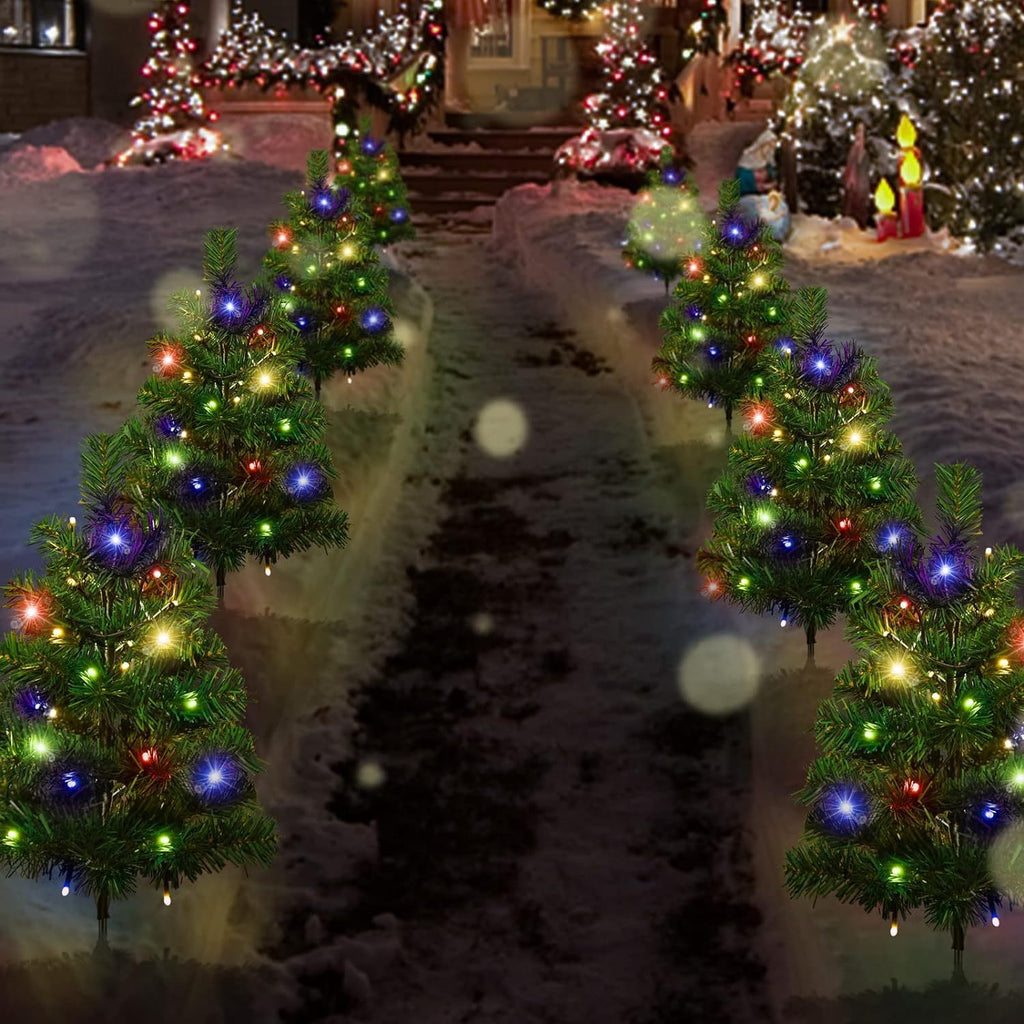 3SET 1 TOW 2 Solar Christmas Tree, Solar Powered Pathway Christmas Tree With Multicolored LED Lights