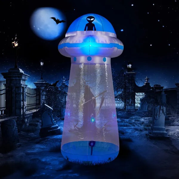 8.8 FT Halloween Inflatable UFO Yard Decoration, Fun Tall Blow Up Yard Decor With Built-in LED Lights And Stand Inside Design