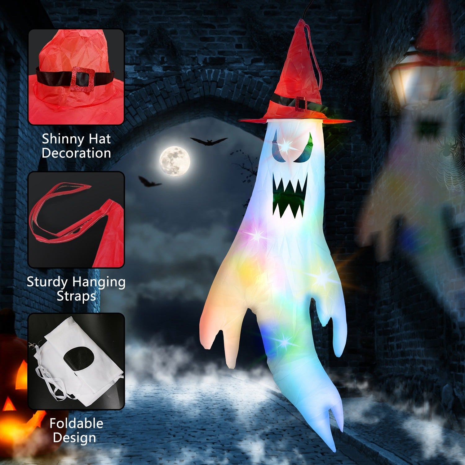 4Pcs Per Set Halloween Ghosts With Witch Hats Windsocks Hanging Decoration With Colorful LED Light