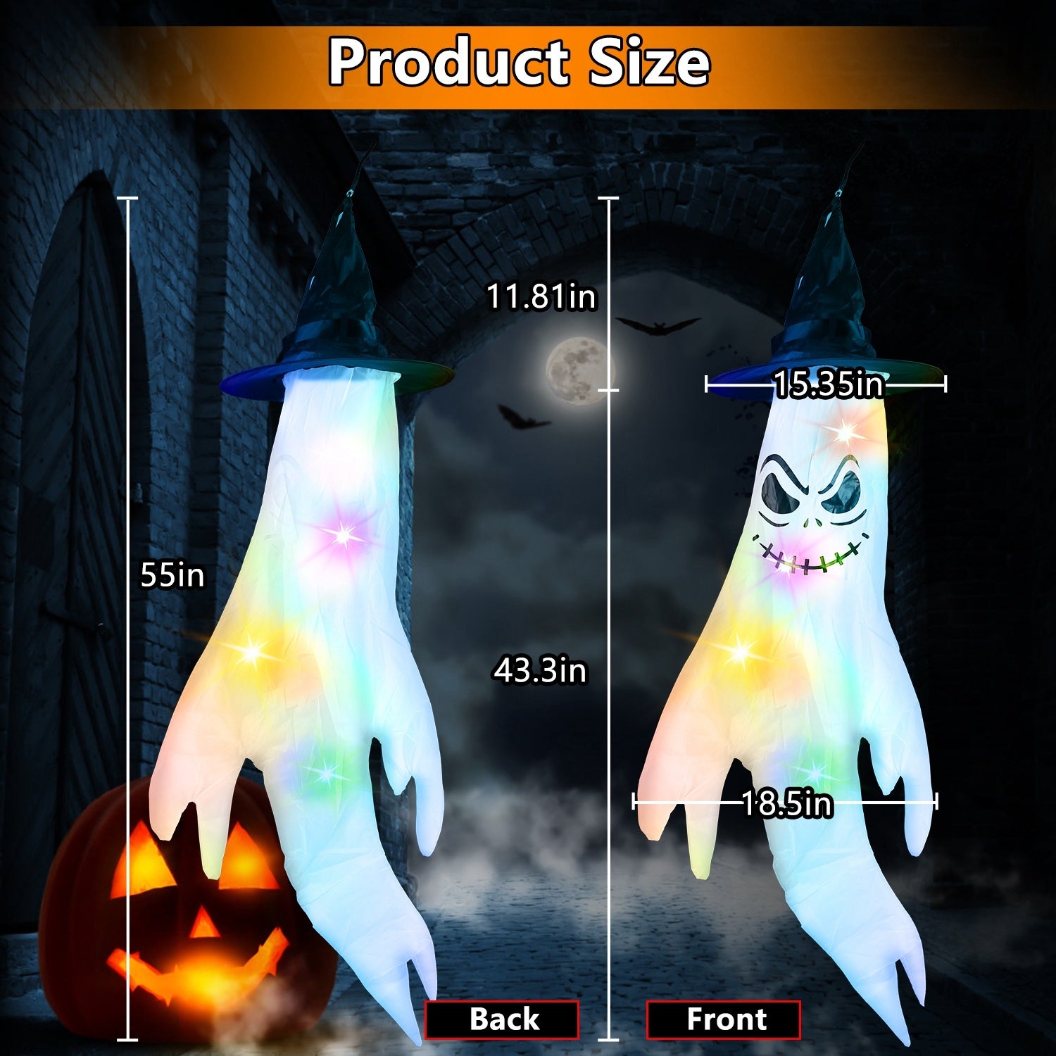 4Pcs Per Set Halloween Ghosts With Witch Hats Windsocks Hanging Decoration With Colorful LED Light