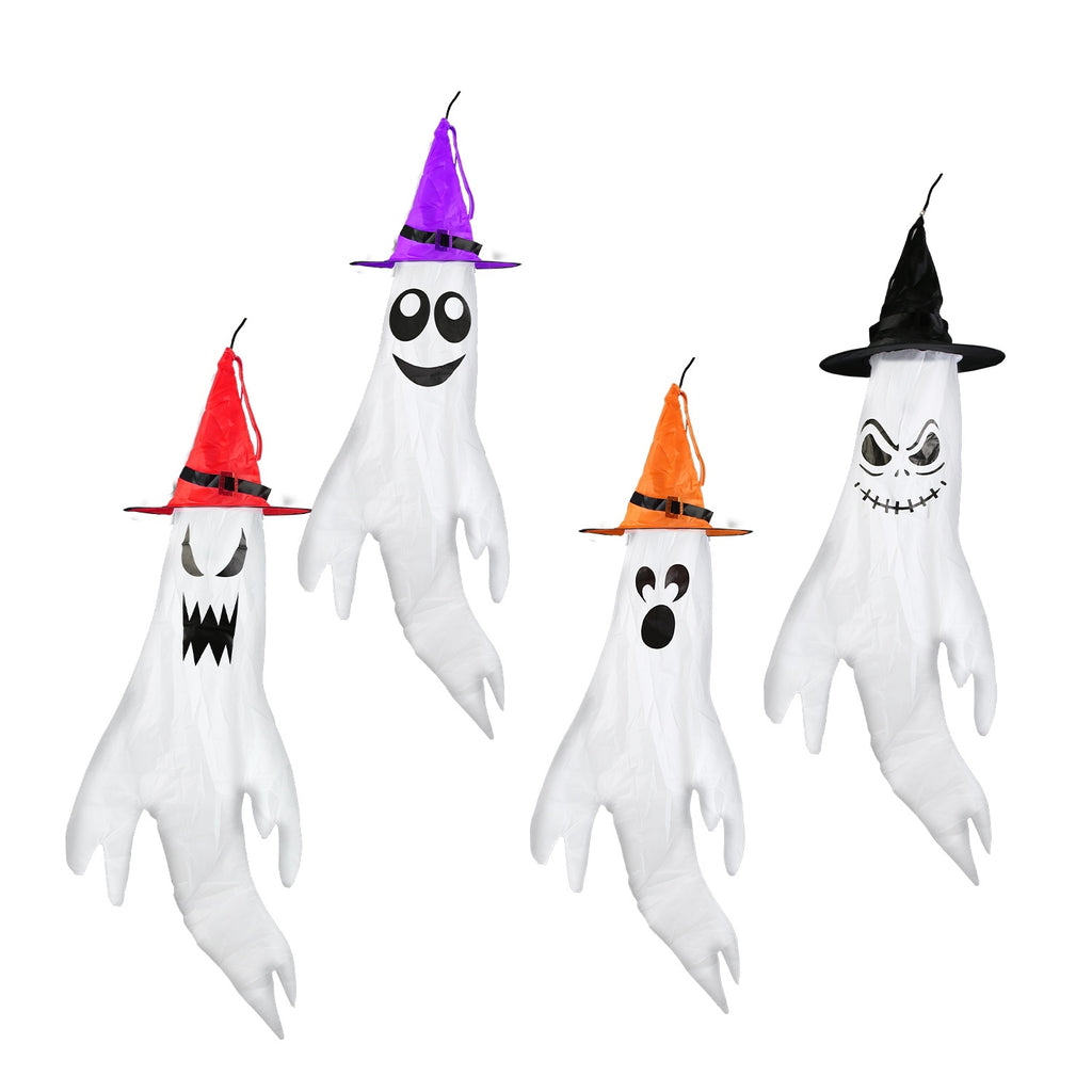 4Pcs Per Set Halloween Ghosts With Witch Hats Windsocks Hanging Decoration With Colorful LED Light