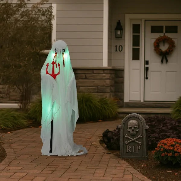 4.3ft Halloween Decorations Outdoor Life Size Animatronics Ghost With Trident, Sound-Actived Party Decor With Green Lights And Creepy Sound, Scary Haunted House Props