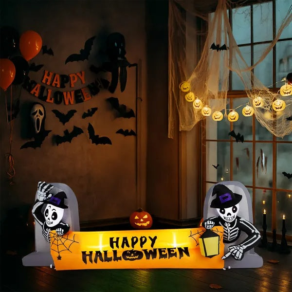 9.6FT Large Halloween Inflatable Decorations Skeleton Tombstone Banner, Outdoor Decorations Blow Up Yard Decor With Built-in LEDs