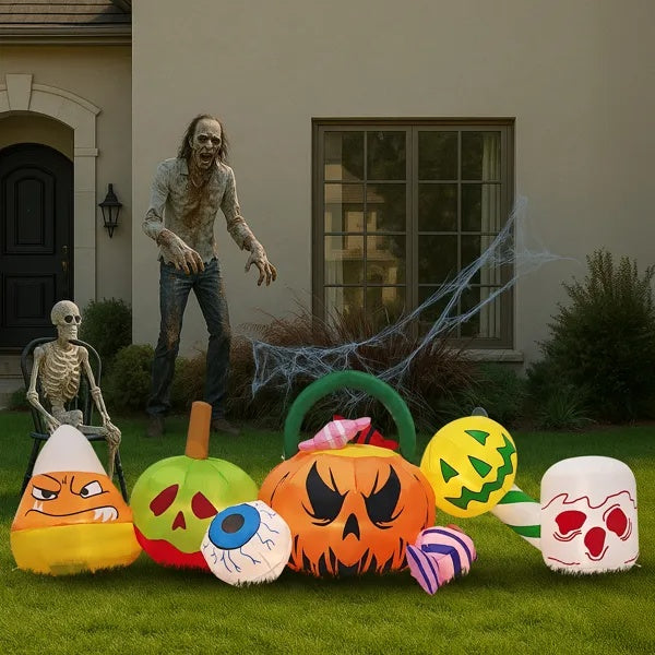 8FT Long Halloween Inflatables Pumpkins Eyeball Candy Outdoor Decorations, Blow Up Yard Decoration With Built-in LEDs Lighted