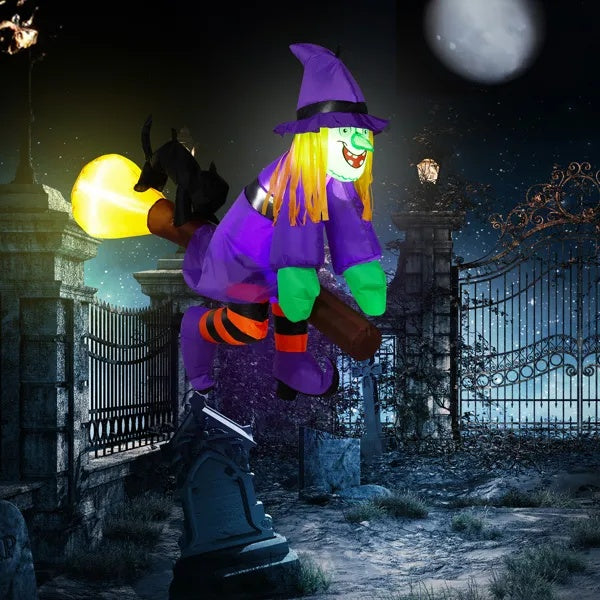 3.9 FT Halloween Inflatable Witch Riding Broom Broke Out From Window Outdoor Decorations, Scary Blow Up Decor With Built-in LED Lights