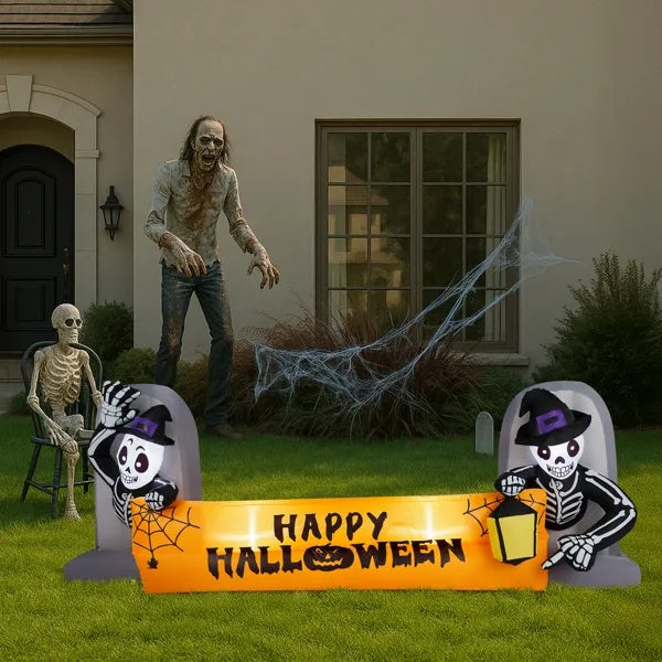 9.6FT Large Halloween Inflatable Decorations Skeleton Tombstone Banner, Outdoor Decorations Blow Up Yard Decor With Built-in LEDs
