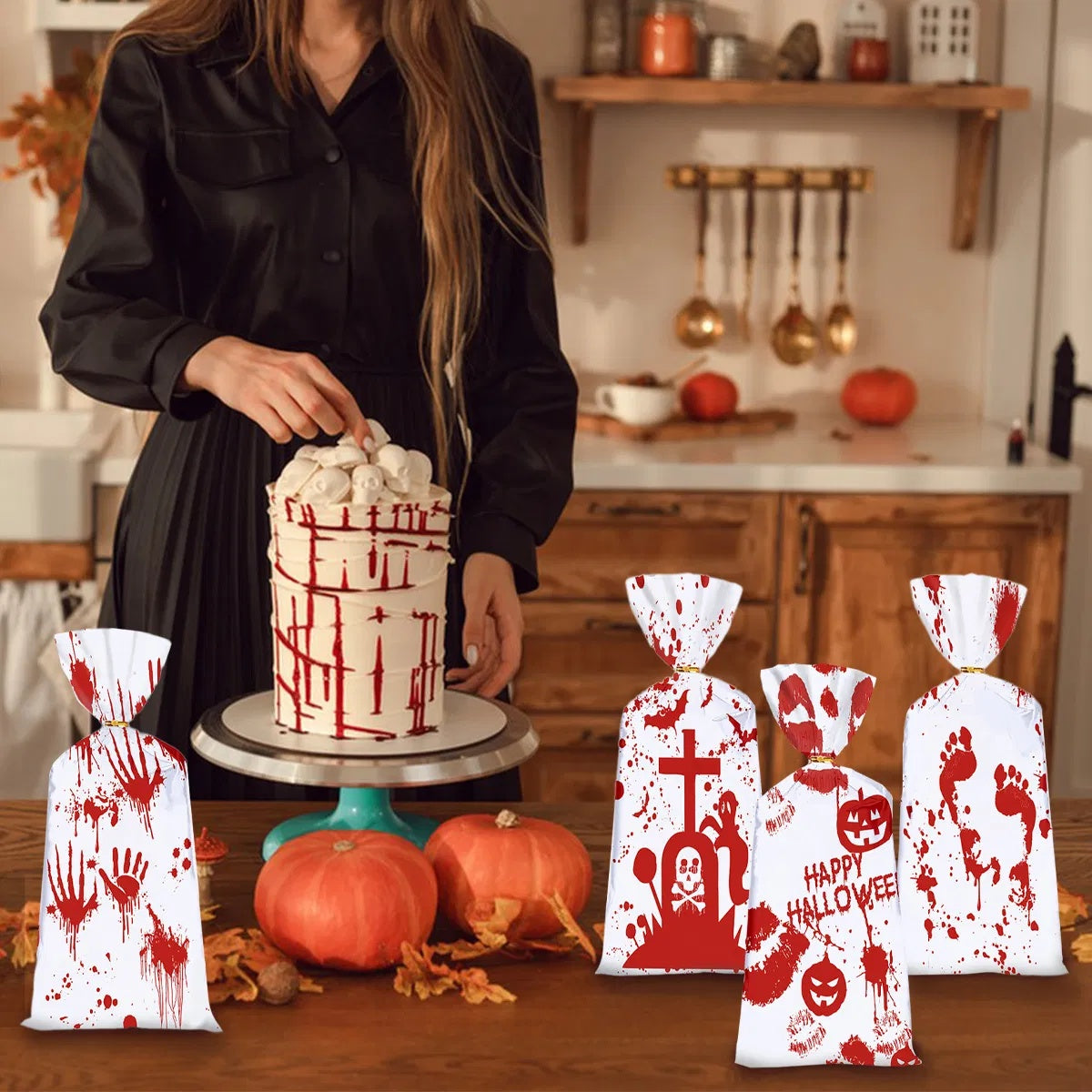 50Pcs Halloween Cellophane Candy Bags With Twist Ties Horrific Bloody Treat Bags 4 Pattern