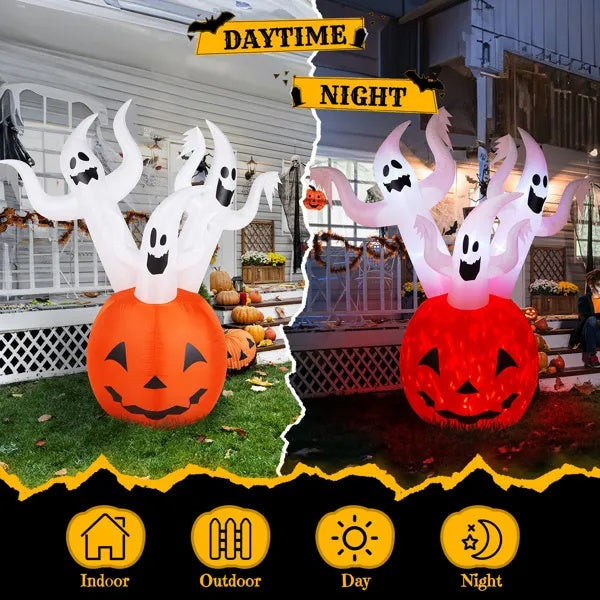 5.9 FT Halloween Inflatable Pumpkin Ghost Outdoor Decorations, Scary Blow Up Yard Decor With Built-in LED Lights