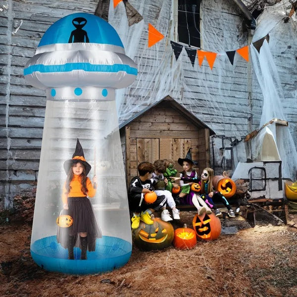 8.8 FT Halloween Inflatable UFO Yard Decoration, Fun Tall Blow Up Yard Decor With Built-in LED Lights And Stand Inside Design