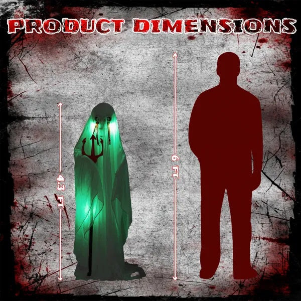 4.3ft Halloween Decorations Outdoor Life Size Animatronics Ghost With Trident, Sound-Actived Party Decor With Green Lights And Creepy Sound, Scary Haunted House Props