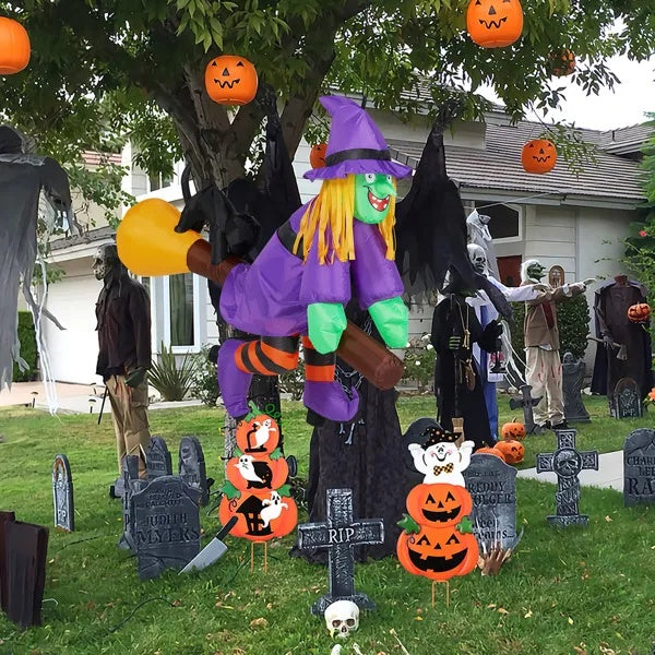 3.9 FT Halloween Inflatable Witch Riding Broom Broke Out From Window Outdoor Decorations, Scary Blow Up Decor With Built-in LED Lights