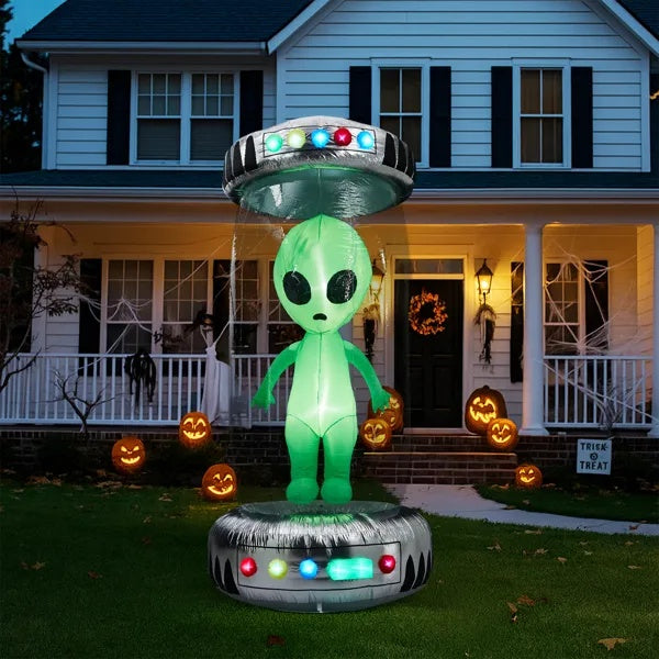 8.2FT Tall Halloween Inflatable Outdoor Decoration, Blow Up UFO With Alien Halloween Decor With Animated RGB LEDs