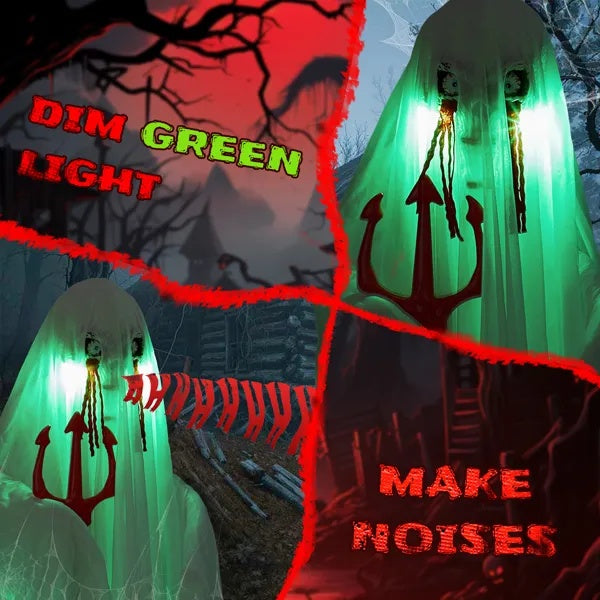 4.3ft Halloween Decorations Outdoor Life Size Animatronics Ghost With Trident, Sound-Actived Party Decor With Green Lights And Creepy Sound, Scary Haunted House Props