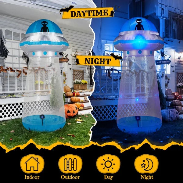 8.8 FT Halloween Inflatable UFO Yard Decoration, Fun Tall Blow Up Yard Decor With Built-in LED Lights And Stand Inside Design