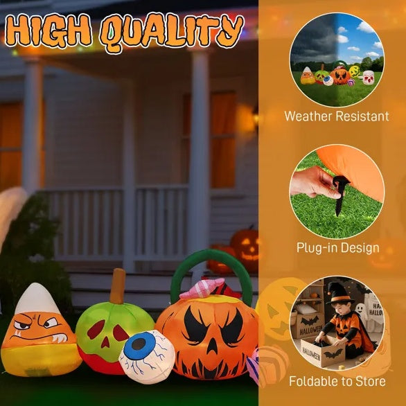 8FT Long Halloween Inflatables Pumpkins Eyeball Candy Outdoor Decorations, Blow Up Yard Decoration With Built-in LEDs Lighted