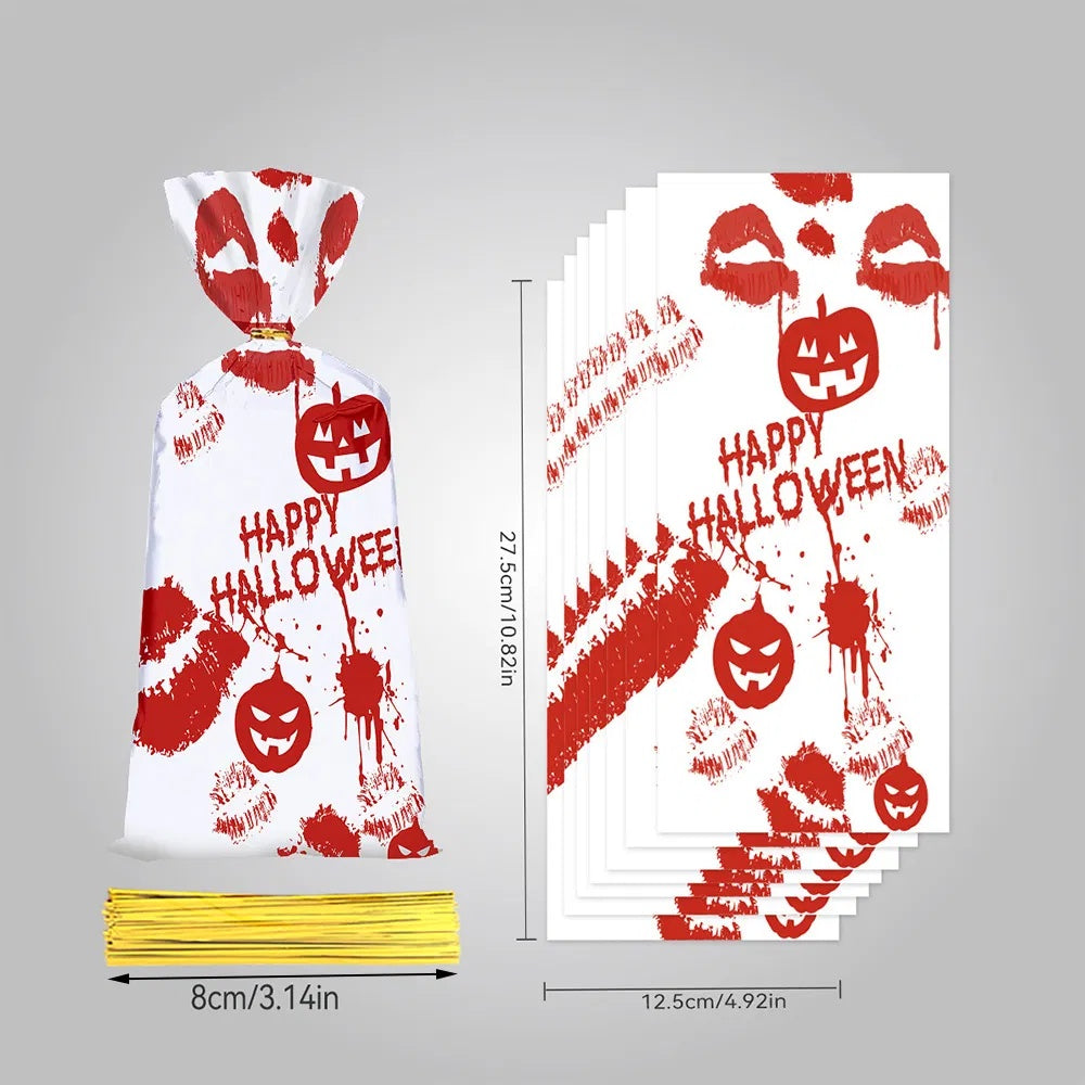 50Pcs Halloween Cellophane Candy Bags With Twist Ties Horrific Bloody Treat Bags 4 Pattern