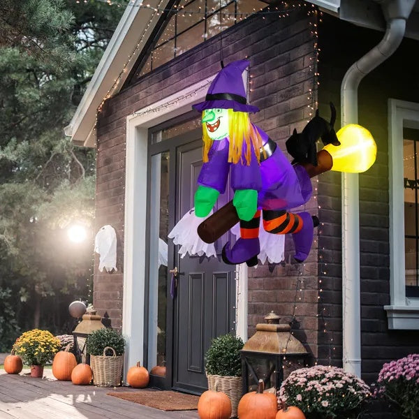 3.9 FT Halloween Inflatable Witch Riding Broom Broke Out From Window Outdoor Decorations, Scary Blow Up Decor With Built-in LED Lights