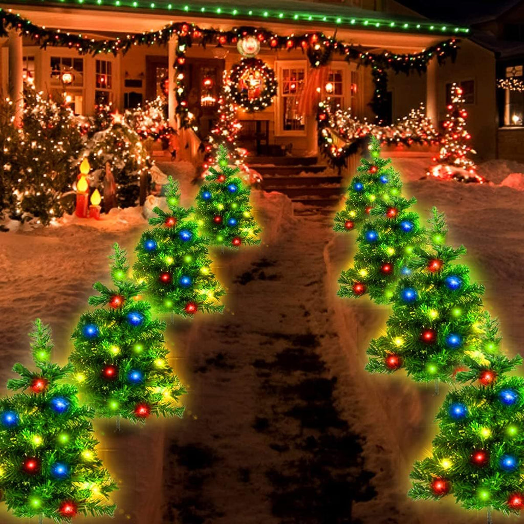 2SET 1 TOW 2 Solar Christmas Tree, Solar Powered Pathway Christmas Tree With Multicolored LED Lights