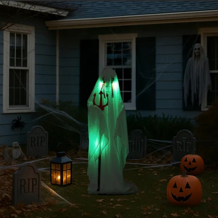 4.3ft Halloween Decorations Outdoor Life Size Animatronics Ghost With Trident, Sound-Actived Party Decor With Green Lights And Creepy Sound, Scary Haunted House Props