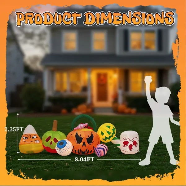 8FT Long Halloween Inflatables Pumpkins Eyeball Candy Outdoor Decorations, Blow Up Yard Decoration With Built-in LEDs Lighted