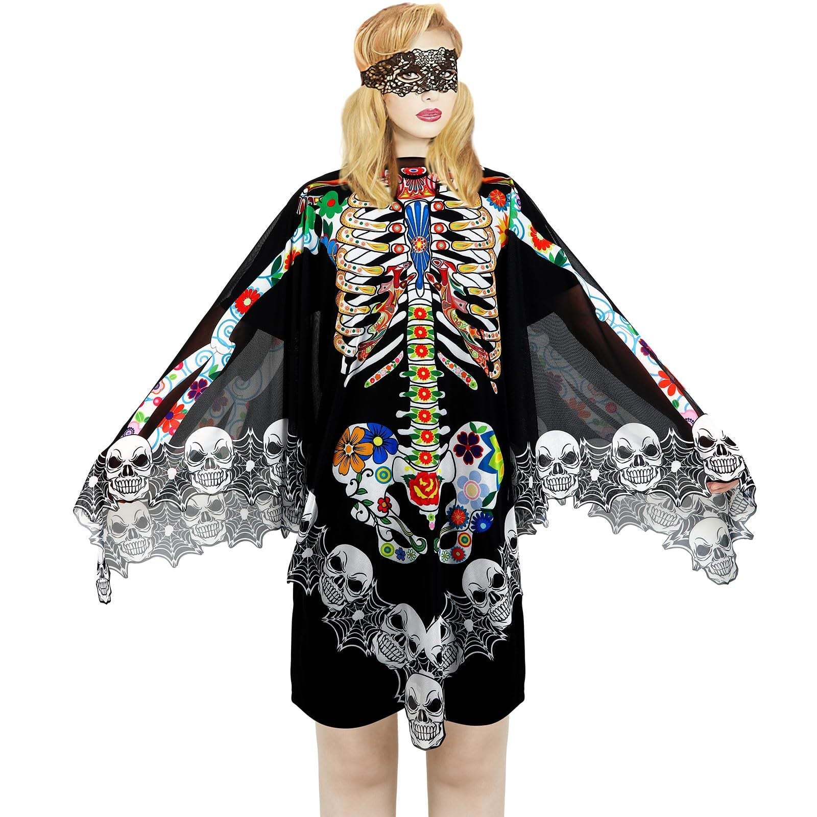 Halloween Skeleton Poncho, Lace Skeleton Halloween Costume Poncho Day Of The Dead Colorful Poncho For Women, 59 Inchx59 Inch-Cannot Be Listed On Amazon Platform
