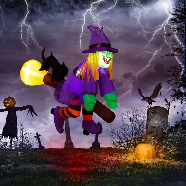3.9 FT Halloween Inflatable Witch Riding Broom Broke Out From Window Outdoor Decorations, Scary Blow Up Decor With Built-in LED Lights