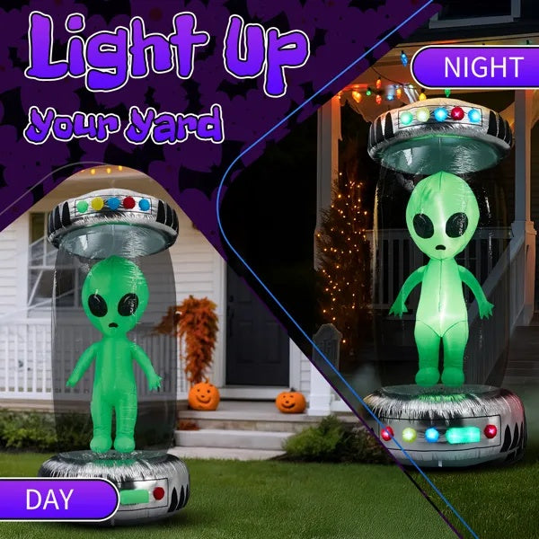 8.2FT Tall Halloween Inflatable Outdoor Decoration, Blow Up UFO With Alien Halloween Decor With Animated RGB LEDs
