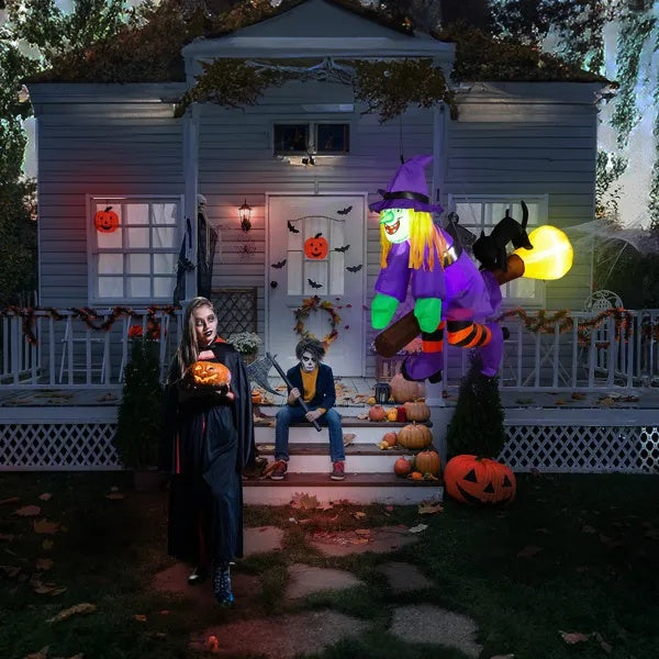 3.9 FT Halloween Inflatable Witch Riding Broom Broke Out From Window Outdoor Decorations, Scary Blow Up Decor With Built-in LED Lights