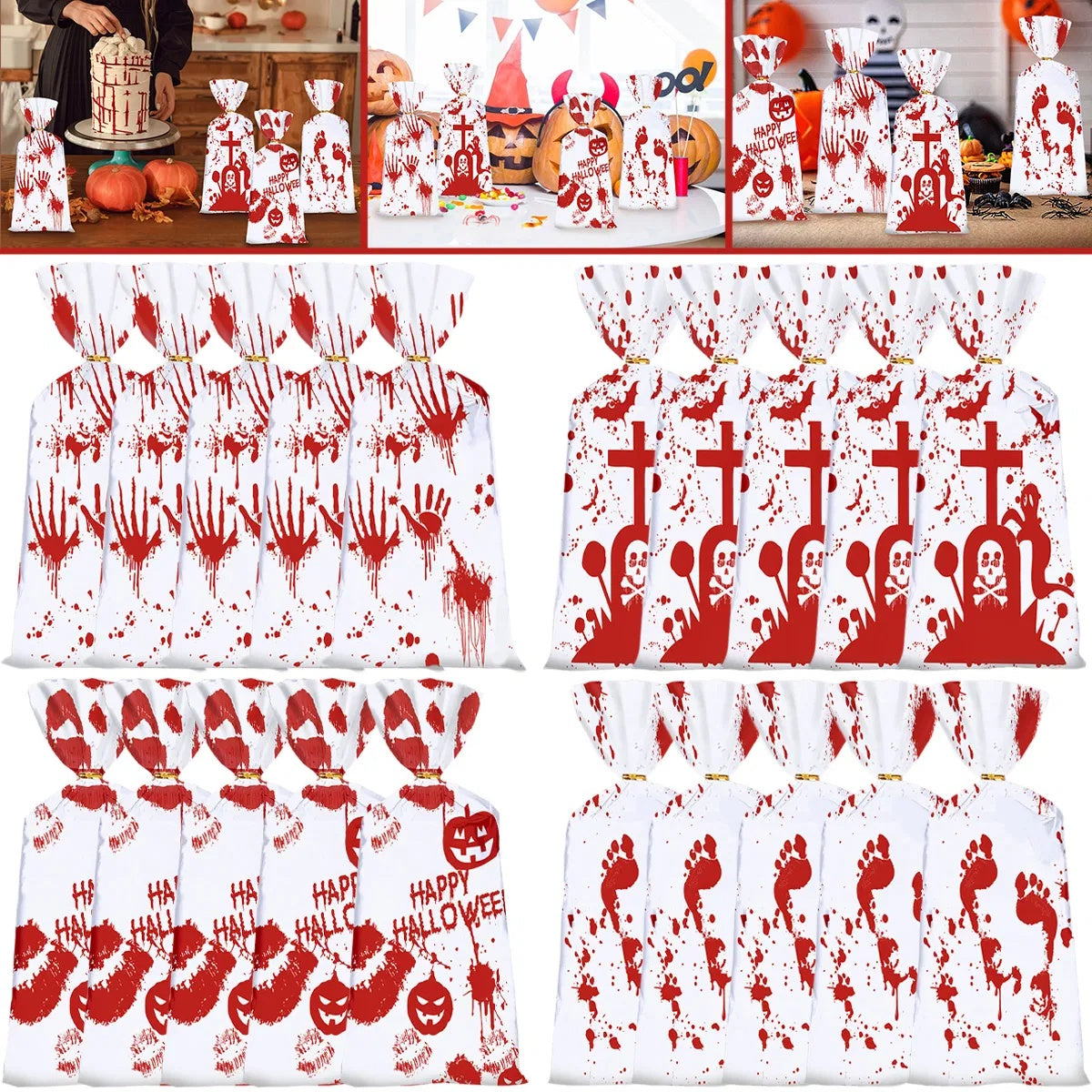 50Pcs Halloween Cellophane Candy Bags With Twist Ties Horrific Bloody Treat Bags 4 Pattern
