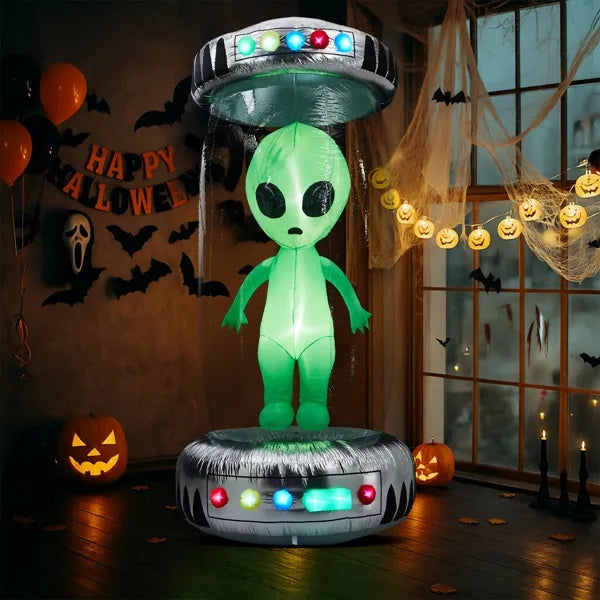 8.2FT Tall Halloween Inflatable Outdoor Decoration, Blow Up UFO With Alien Halloween Decor With Animated RGB LEDs