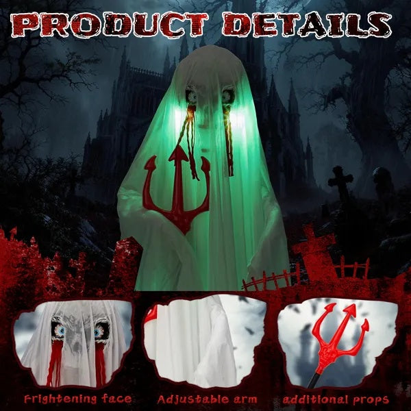 4.3ft Halloween Decorations Outdoor Life Size Animatronics Ghost With Trident, Sound-Actived Party Decor With Green Lights And Creepy Sound, Scary Haunted House Props