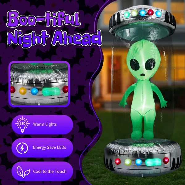 8.2FT Tall Halloween Inflatable Outdoor Decoration, Blow Up UFO With Alien Halloween Decor With Animated RGB LEDs