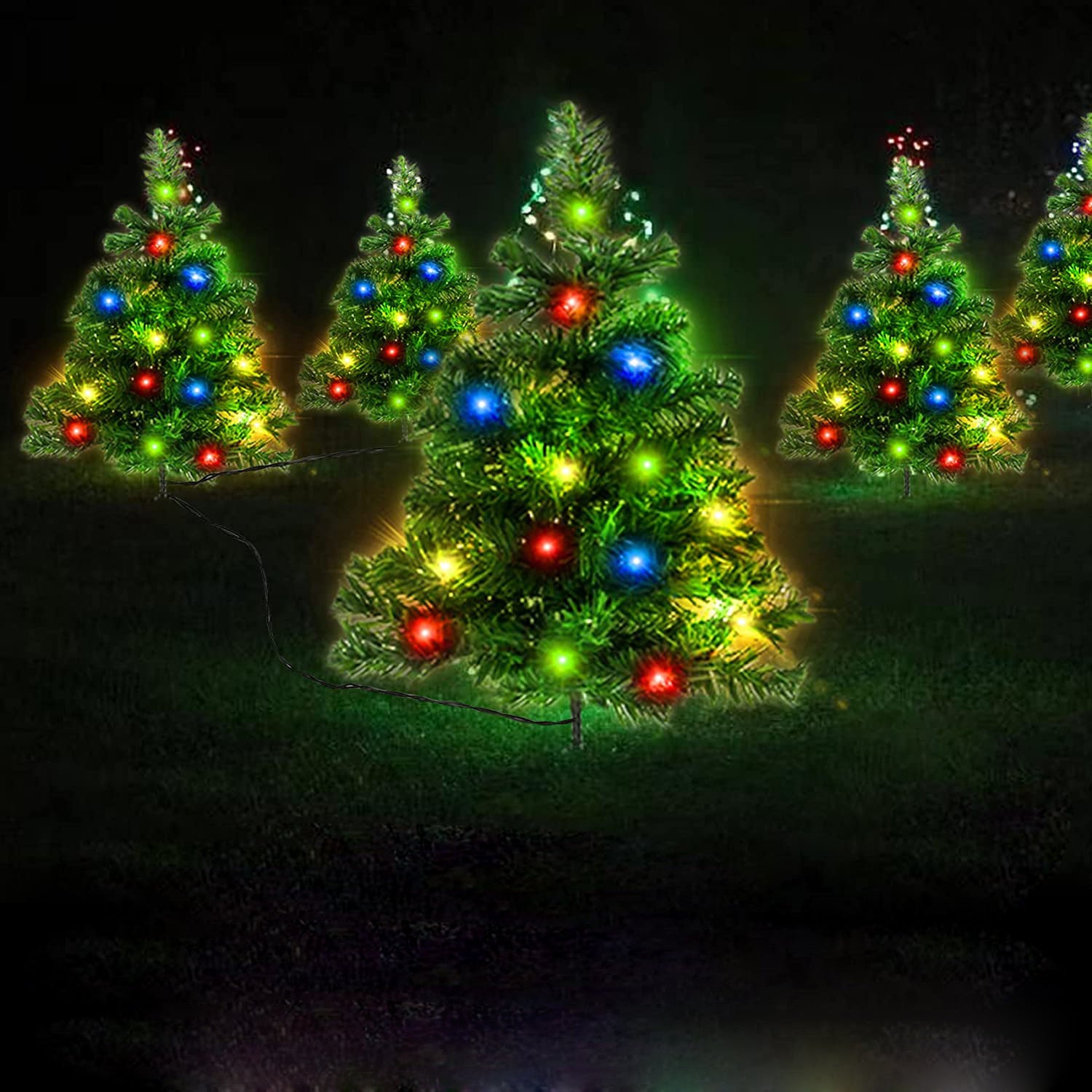 3SET 1 TOW 2 Solar Christmas Tree, Solar Powered Pathway Christmas Tree With Multicolored LED Lights