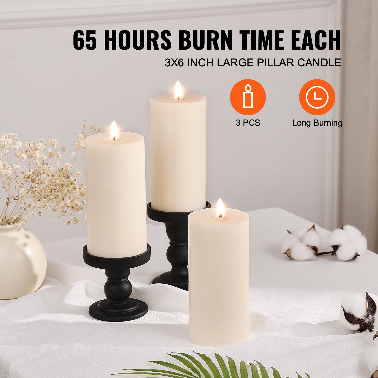 3 Pack Unscented Pillar Candles 65 Hours Long Burning Christmas White