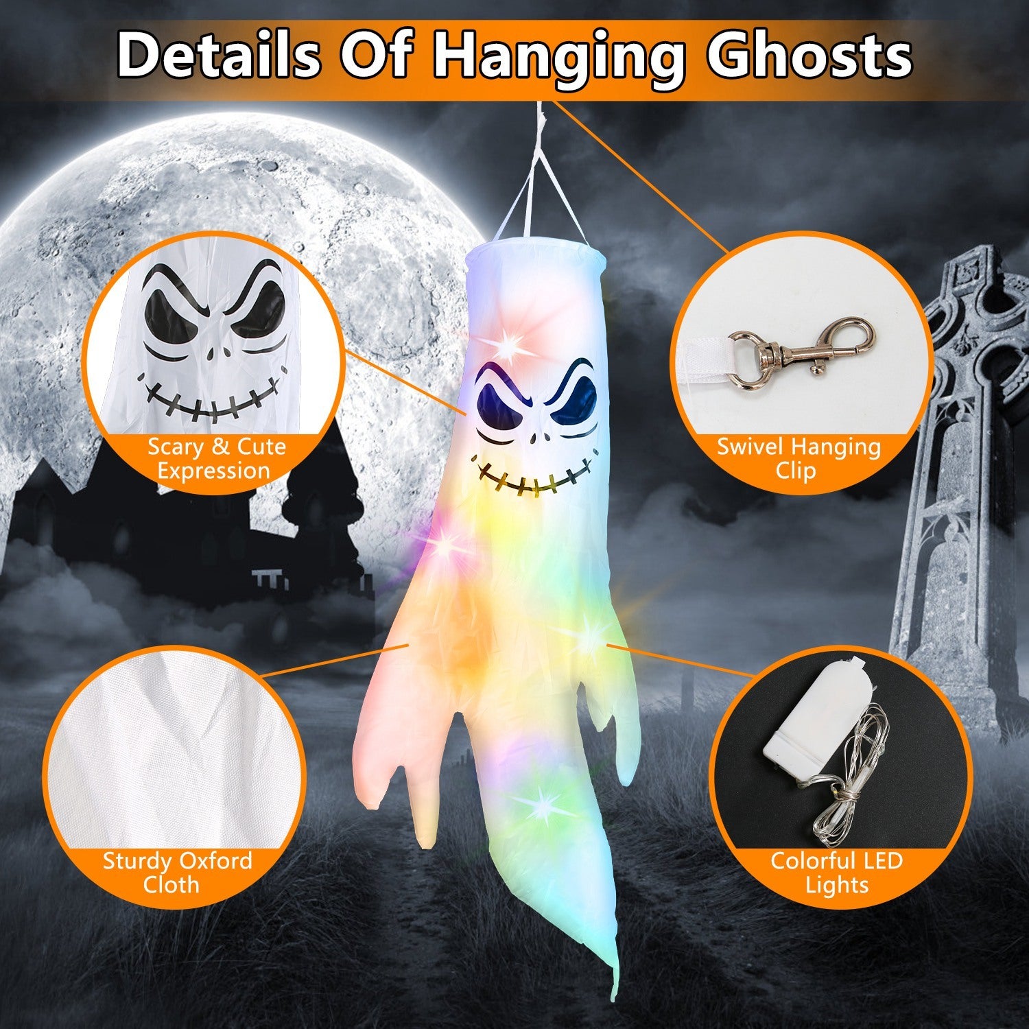 4Pcs Per Set Halloween Ghosts With Witch Hats Windsocks Hanging Decoration With Colorful LED Light