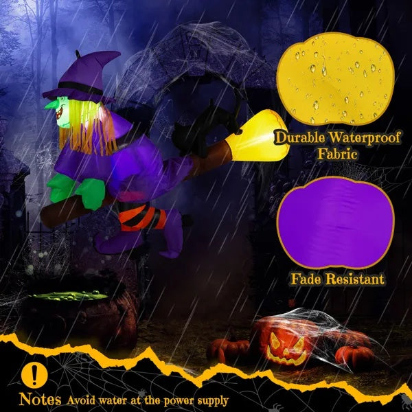 3.9 FT Halloween Inflatable Witch Riding Broom Broke Out From Window Outdoor Decorations, Scary Blow Up Decor With Built-in LED Lights