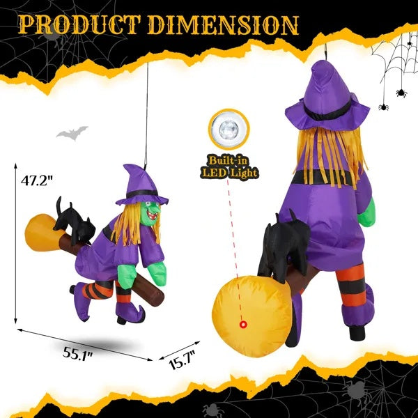 3.9 FT Halloween Inflatable Witch Riding Broom Broke Out From Window Outdoor Decorations, Scary Blow Up Decor With Built-in LED Lights