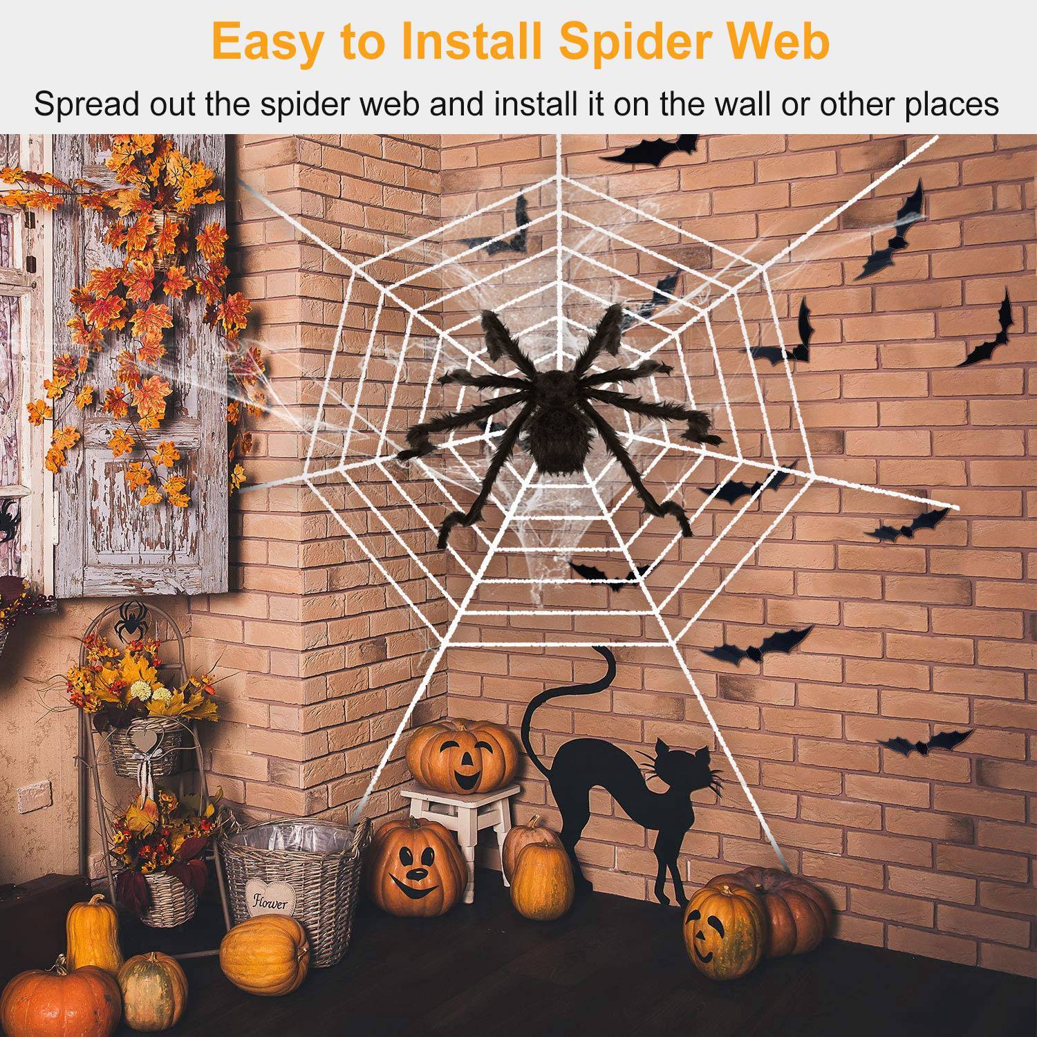 1Pc Halloween Decorations Spider Outdoor 49inch Halloween Spider With 126 Inch Tarantula Mega Spider Web