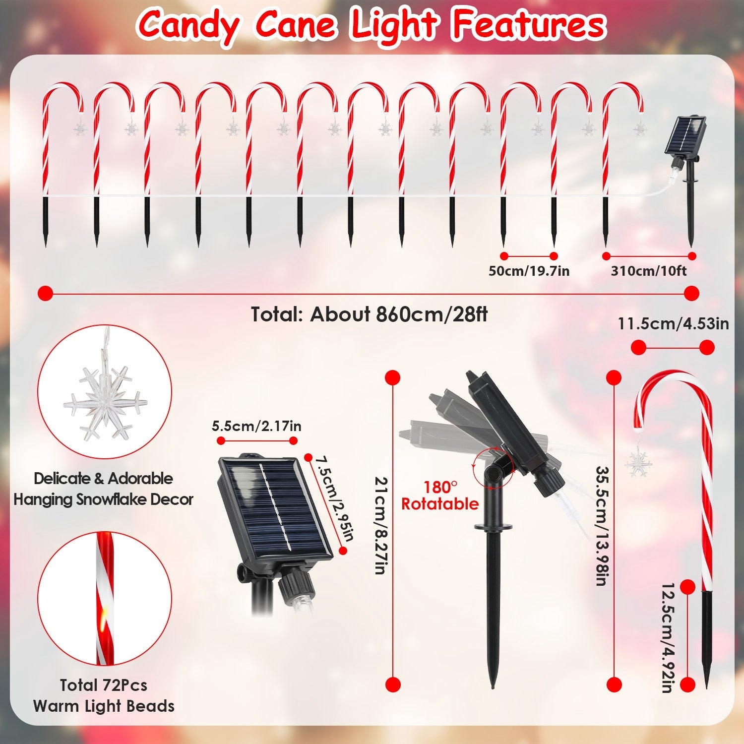 Solar Candy Cane Christmas Lights – 72LED Outdoor Waterproof Pathway Decorations with Timer & Modes