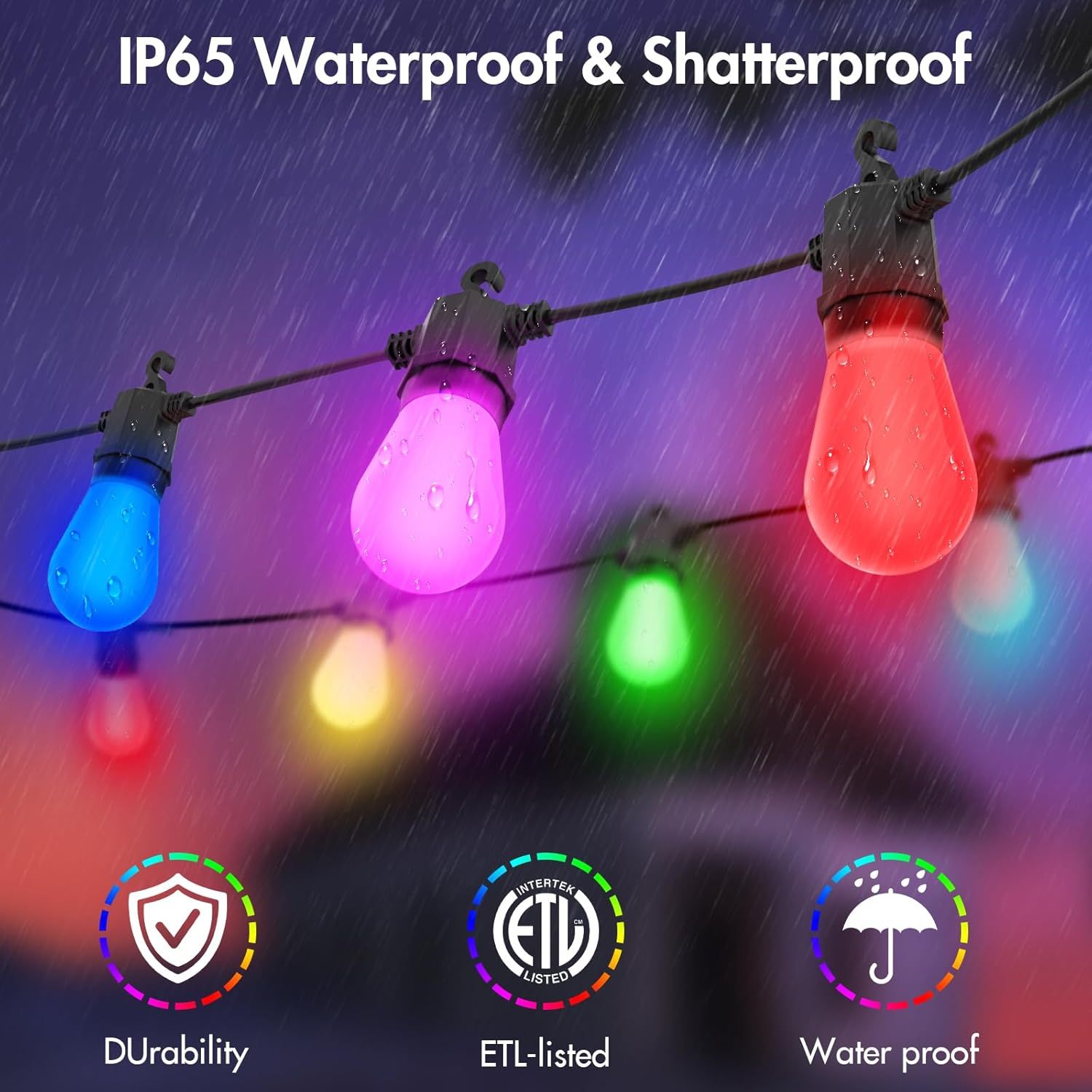 48FT Color Changing Outdoor String Lights , Dimmable String Lights For Outside